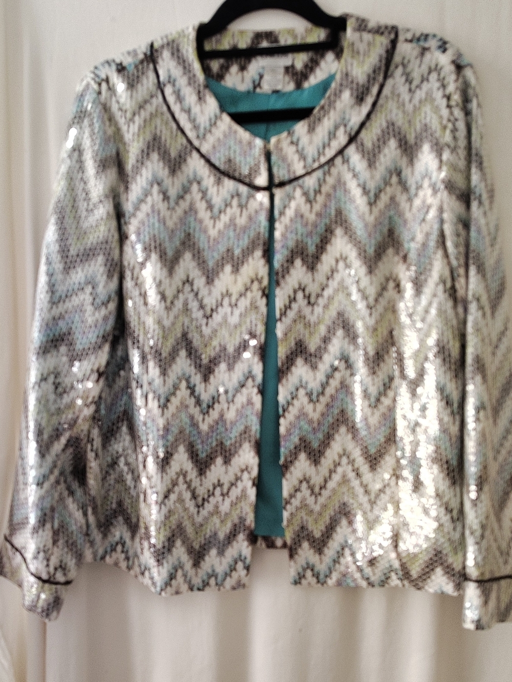 Chico's Sequin Chevron Open Blazer in Silver and Aqua